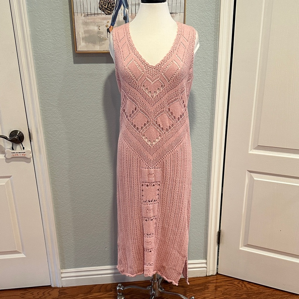 Free People Beach Sz Medium Dusty Pink Crochet Maxi Dress • NEW! - Picture 4 of 12